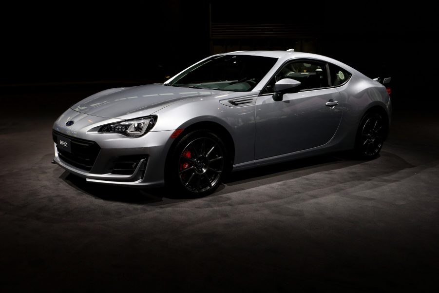 A silver Subaru BRZ at an auto show