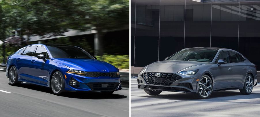 The 2022 Kia K5 in blue and the 2021 Hyundai Sonata in gray