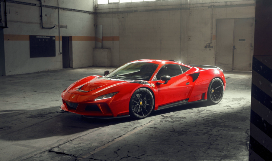 An image of a Ferrari F8 Tributo N-Largo by Novitec in a photo studio.