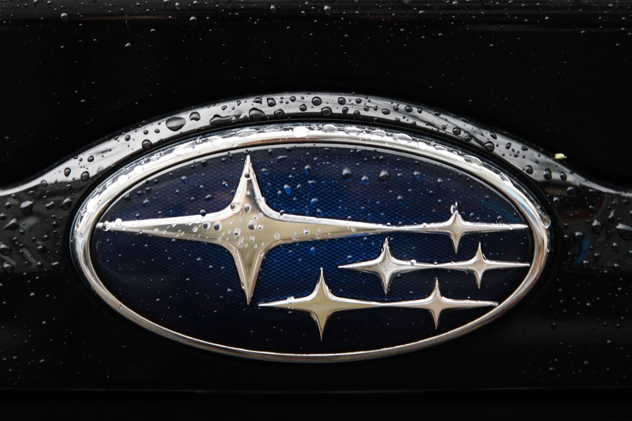 A silver and blue Subaru logo on a car in Krakow, Poland, on November 21, 2019