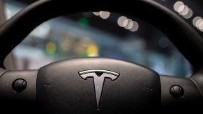 The inside of a Tesla car Model 3 is seen at a Tesla shop inside of a shopping Mall in Beijing on May 26, 2021