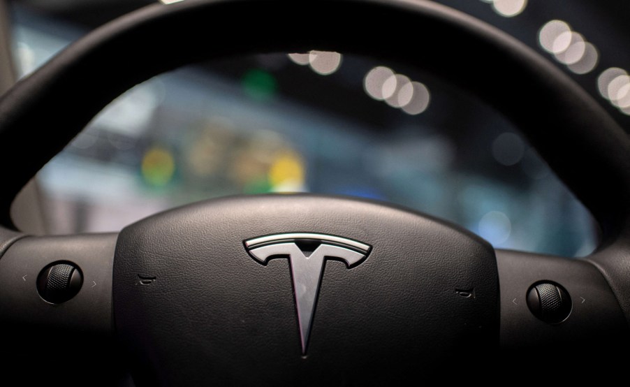 The inside of a Tesla car Model 3 is seen at a Tesla shop inside of a shopping Mall in Beijing on May 26, 2021