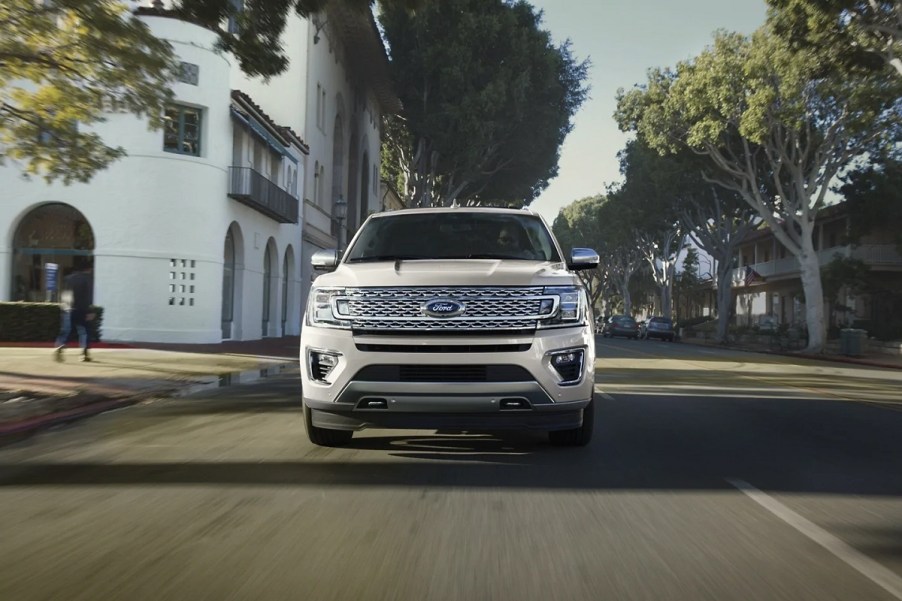 The front of a beige 2021 Ford Expedition.