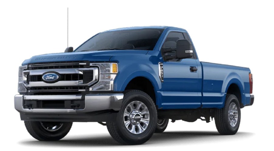 A blue Ford F-250