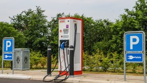 Electric cars charging point with high amps charger is seen on E45 motorway near Aalborg, Denmark on 29 July 2019.