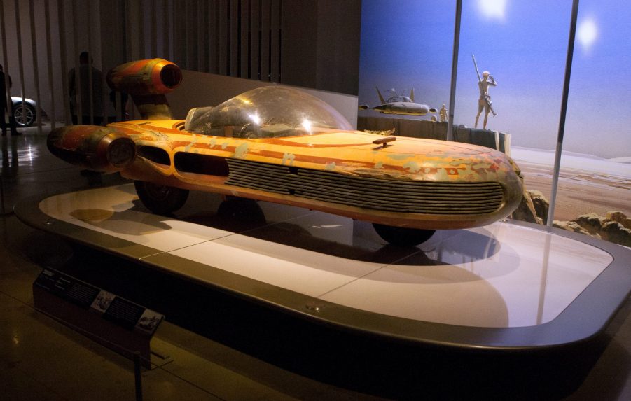 Luke Skywalker's Landspeeder from the first Star Wars film on display at the Petersen museum