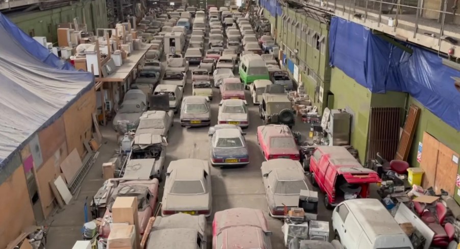 bird's eye view of massive collection of barn find vintage cars went up for auction in the U.K.