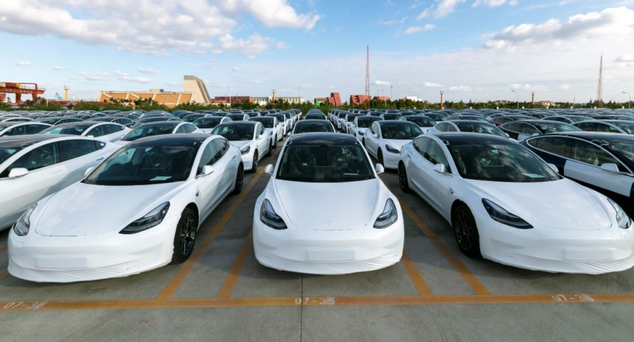 Tesla China-made Model 3 vehicles which will be exported to Europe at Waigaoqiao port in Shanghai, east China, Oct. 19, 2020.