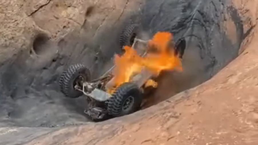 a rock-crawling buggy flipped and caught fire at the Devil's hot tub in Moab after to trying to navigate it backward.