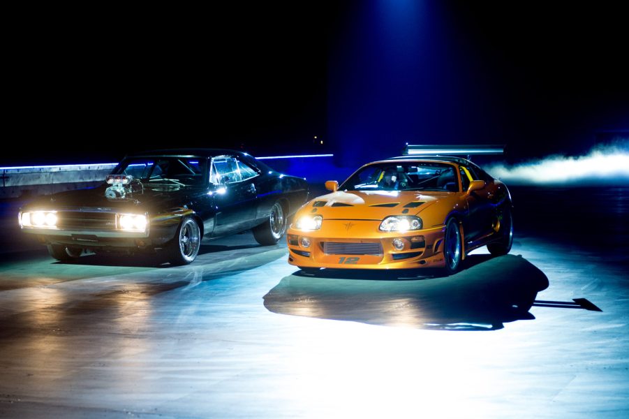 A 1970 Dodge Charger R/T used on screen by Vin Diesel as the signature car of his character Dominic Toretto in the Fast and The Furious (2001) and A 1994 Toyota Supra MK IV used on screen by Paul Walker in The Fast and the Furious (2001)