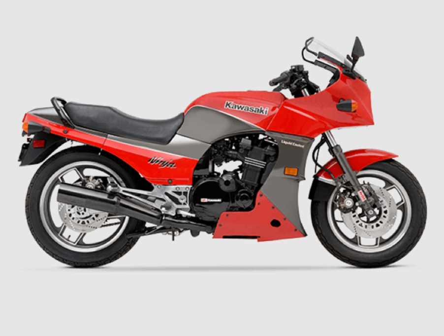 The side view of a red-and-gray 1984 Kawasaki GPZ900R Ninja