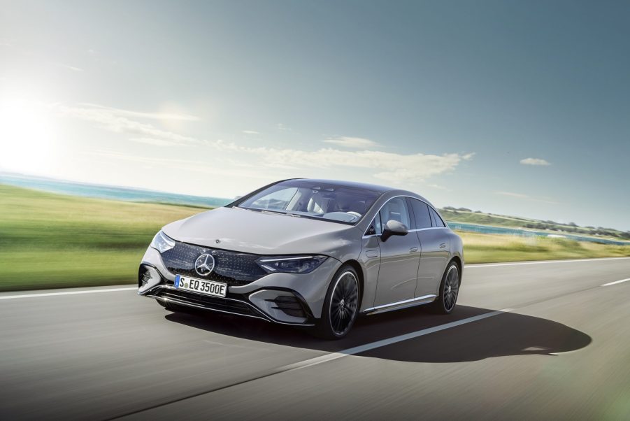 The grille-less front end of the new Mercedes-Benz EQE sedan