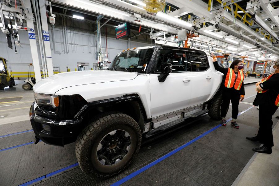 A GMC Hummer EV truck at General Motors Factory Zero in Detroit, Michigan