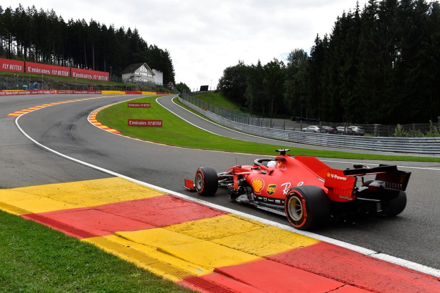 Ferrari Formula 1 driver Sebastian Vettel makes his way into the famous Eau Rouge/Raidillon complex at Spa Francorchamps in Belgium