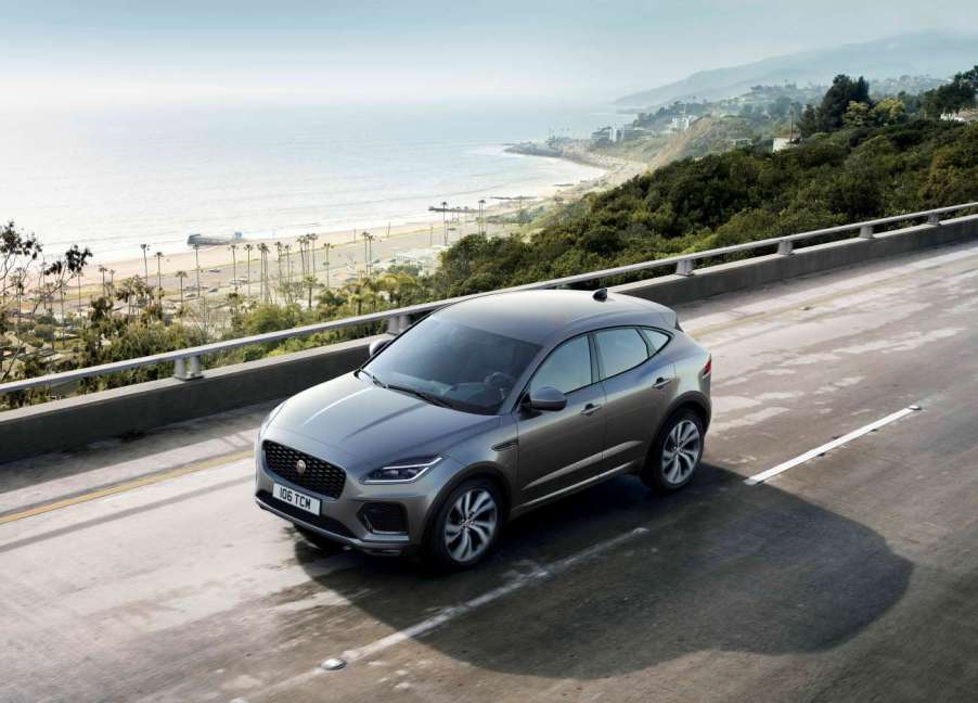 Gray 2021 Jaguar E-PACE driving on a coastal road