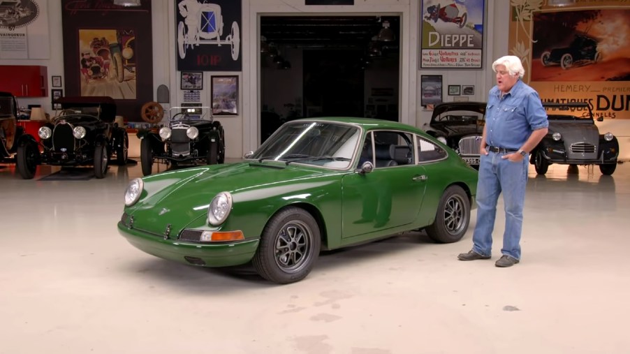 Jay Leno with Zelectric's green 'Tesla Porsche' 1968 Porsche 912