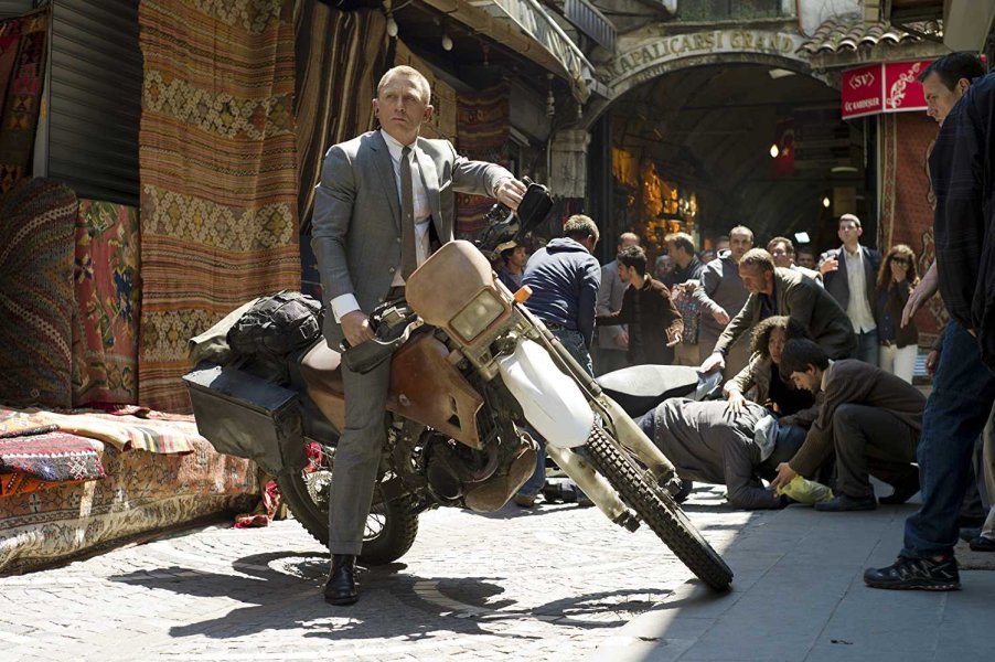 Daniel Craig's agent 007. The Skyfall James Bond motorcycle is a Honda CRF250R through Istanbul's Grand Bazaar during Skyfall. Bond's motorcycle skills impressed Moto GP champion Casey Stoner. | MGM/Eon Productions via James Bond 007 Youtube