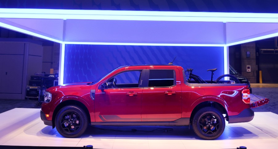 A red new Ford Maverick truck is introduced to the media at the Chicago Auto Show on July 14, 2021 in Chicago, Illinois.