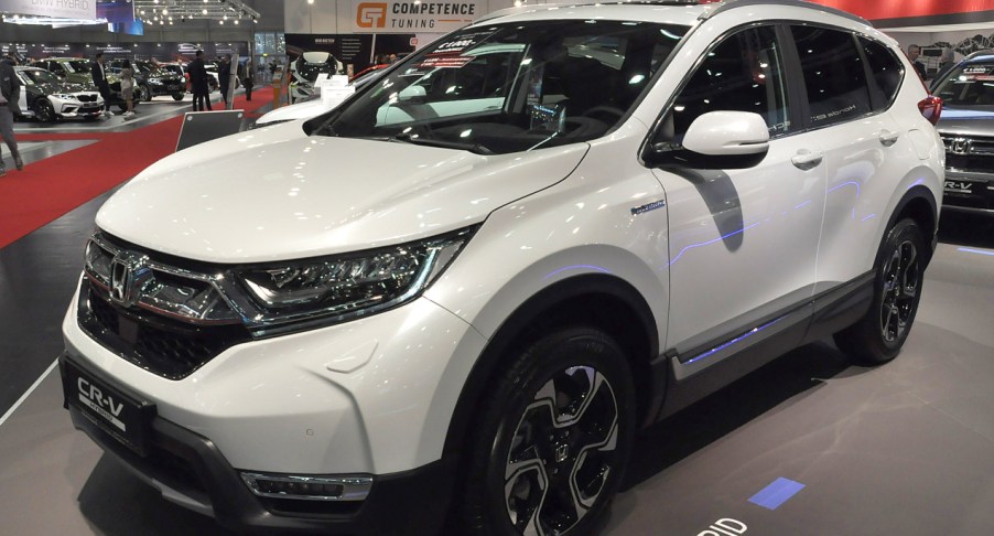 A white Honda CR-V is seen during the Vienna Car Show press preview at Messe Wien, as part of Vienna Holiday Fair, on January 15, 2020 in Vienna, Austria. The Vienna Autoshow will be held January 16-19.