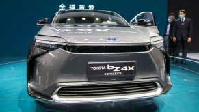 A Toyota bZ4X SUV is on display during the 19th Shanghai International Automobile Industry Exhibition (Auto Shanghai 2021) at National Exhibition and Convention Center (Shanghai) on April 19, 2021 in Shanghai, China.