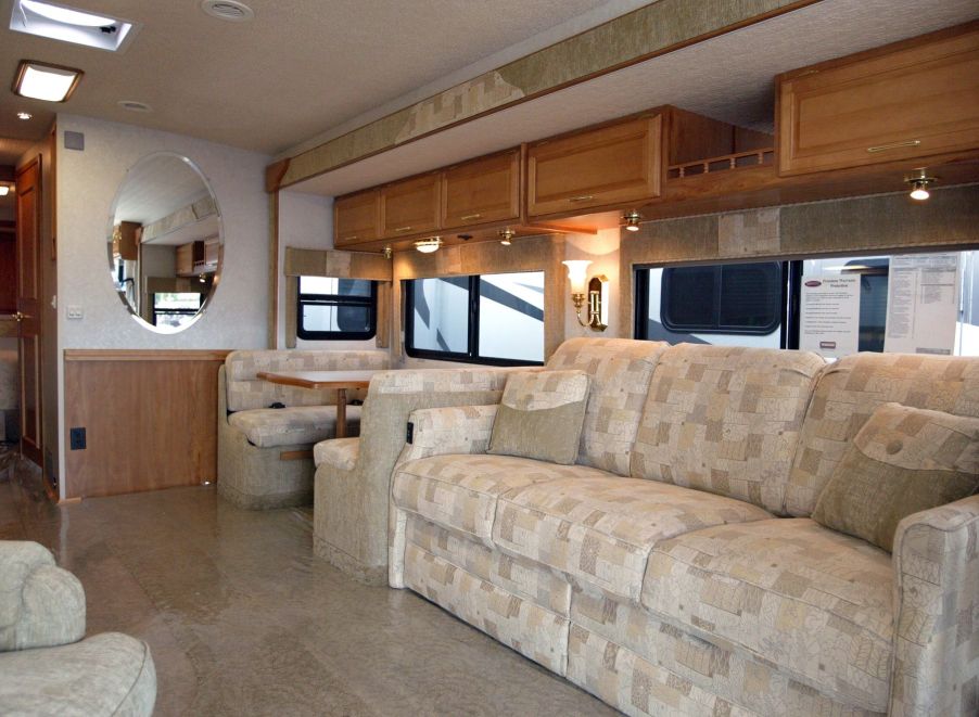 The interior of a Winnebago Adventurer RV model