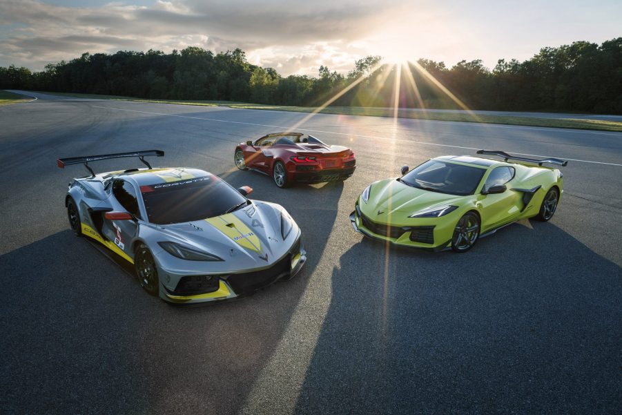 A trio of Chevrolet Corvette Z06 models, from the C8 R race car to the convertible, to the targa, shot at sunset