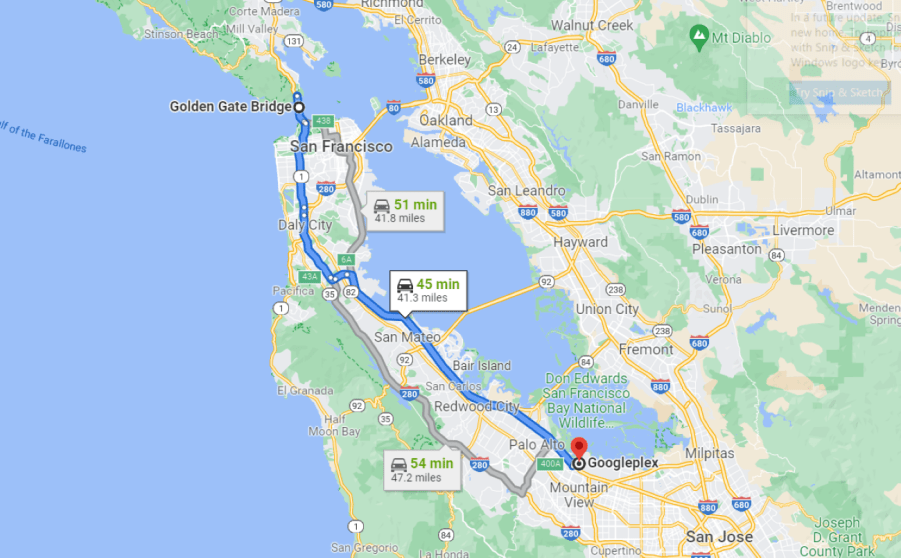 Directions from the Golden Gate Bridge to Googleplex on Google Maps