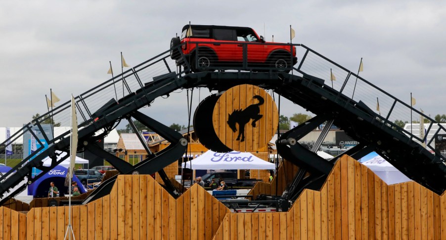 A Ford Bronco on a test track during the Motor Bella event in Pontiac, Michigan on September 21, 2021.