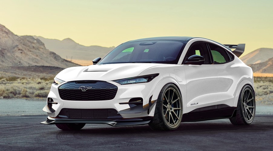 2021 Ford Mustang Mach-E with a custom carbon fiber front splitter and rear wing. This Mustang Mach-E will be on display at SEMA 2021