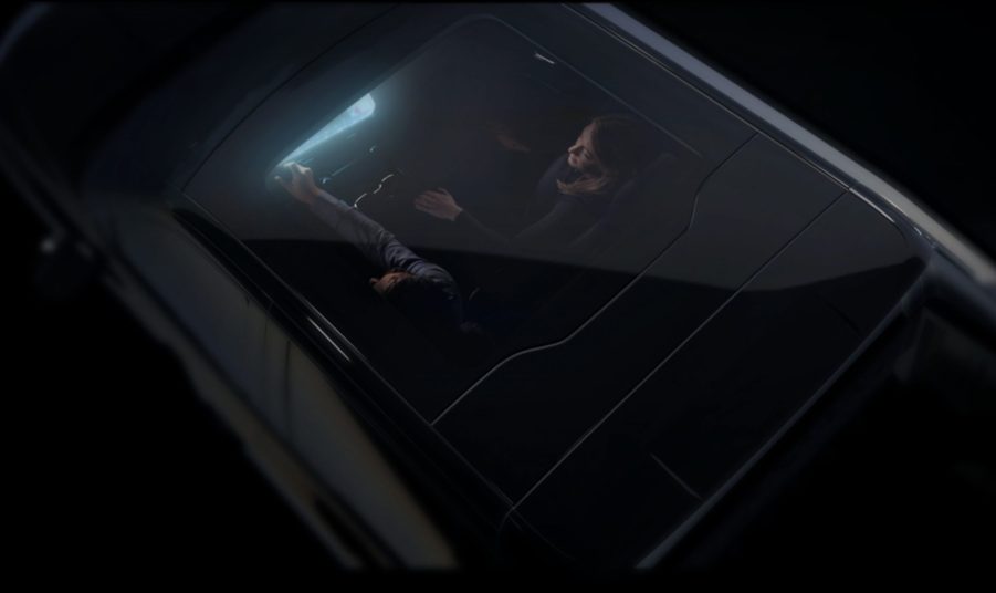 Overhead view of glass roof of Chevy Silverado EV electric pickup truck