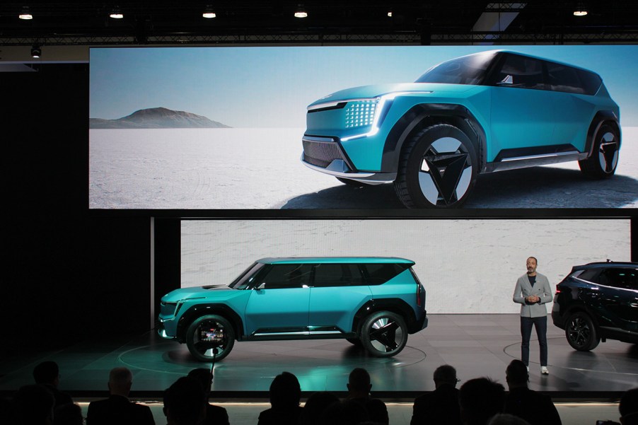 The Kia EV9 Concept car on stage during its debut at the 2021 LA Auto Show