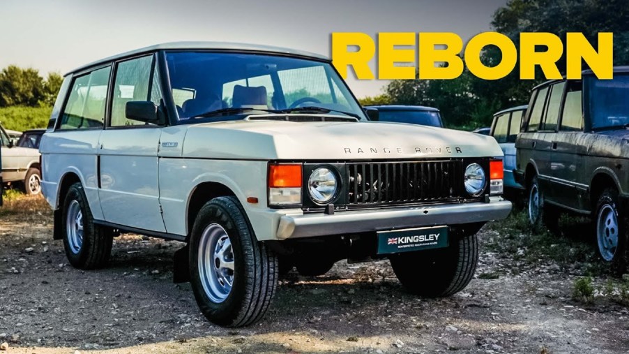 A white Kingsley Cars KR Series Range Rover Classic in a muddy field