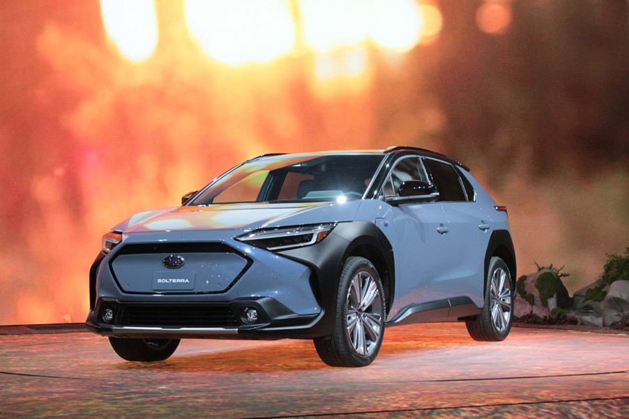 2023 Subaru Solterra close up on stage at the LA Auto Show