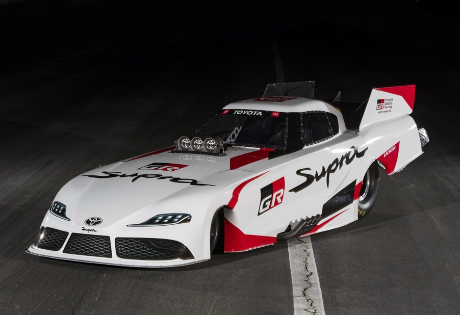 Toyota GR Supra NHRA Funny Car drag racer in a white red and black livery