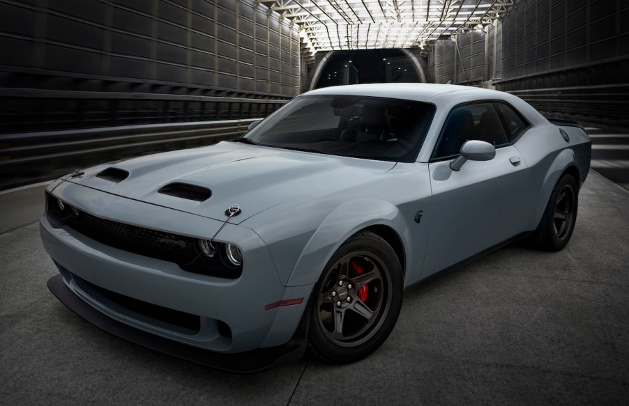 A gray 2022 Dodge Challenger SRT Super Stock with SRT Black appearance package