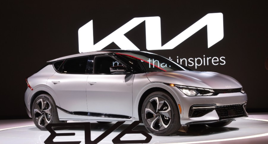 A silver 2022 Kia EV6 is on display.