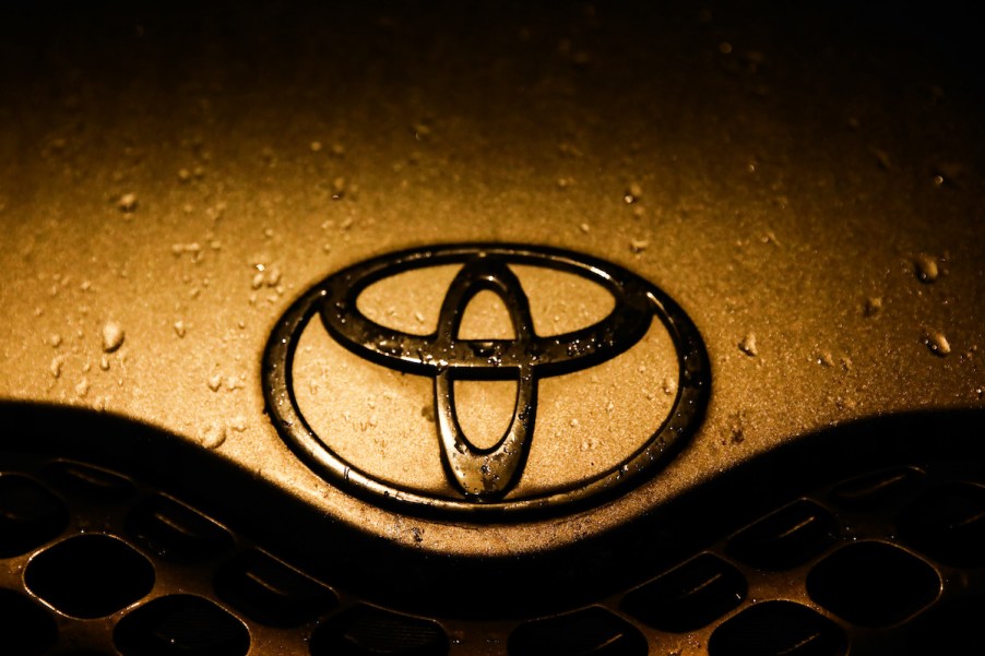 The Toyota logo on a car in Krakow, Poland, on December 3, 2019