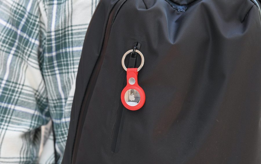 An apple Airtag on a backpack