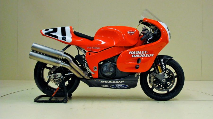 An orange-and-black 1994 Harley-Davidson VR1000 track bike on a rear-wheel stand