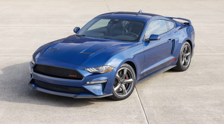 A new blue 2022 Ford Mustang GT California Special on a runway