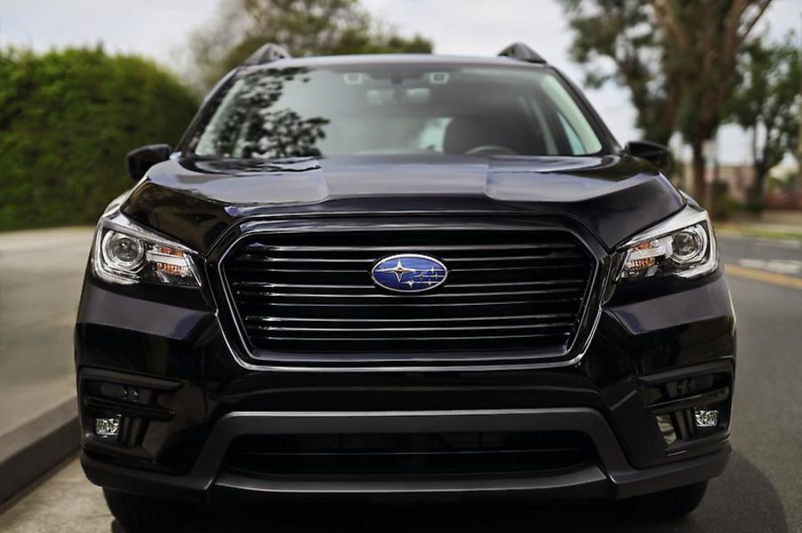 A front exterior shot of the 2022 Subaru Ascent three-row midsize SUV's headlights and grille