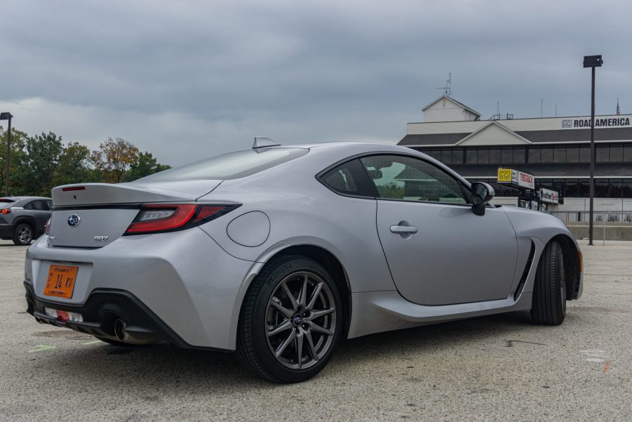 The rear 3/4 view of a silver 2022 Subaru BRZ at Road America