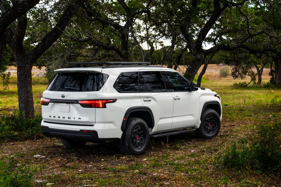 A white 2023 Toyota Sequoia in the woods.