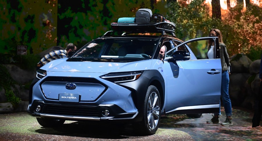 A blue 2023 Subaru Solterra is on display.