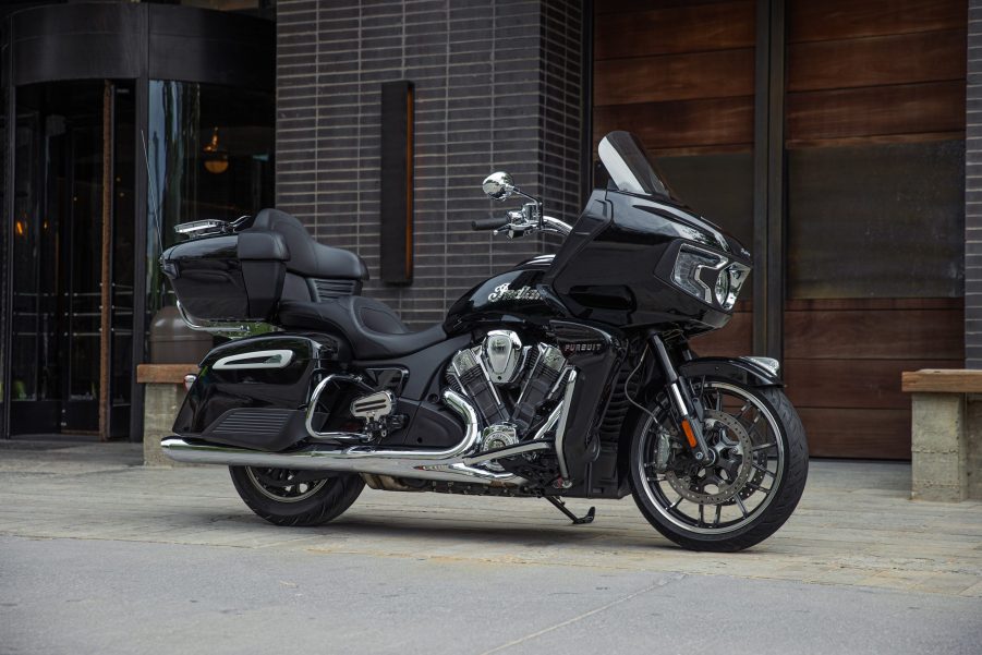 A black 2022 Indian Pursuit Limited parked in the city