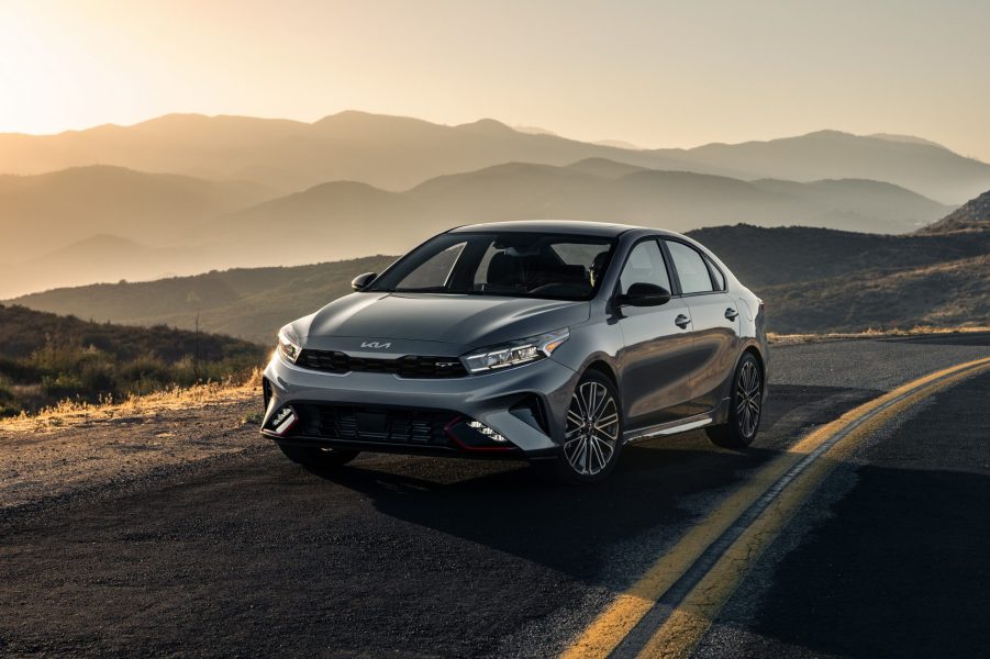 A gray 2022 Kia Forte GT on a canyon road