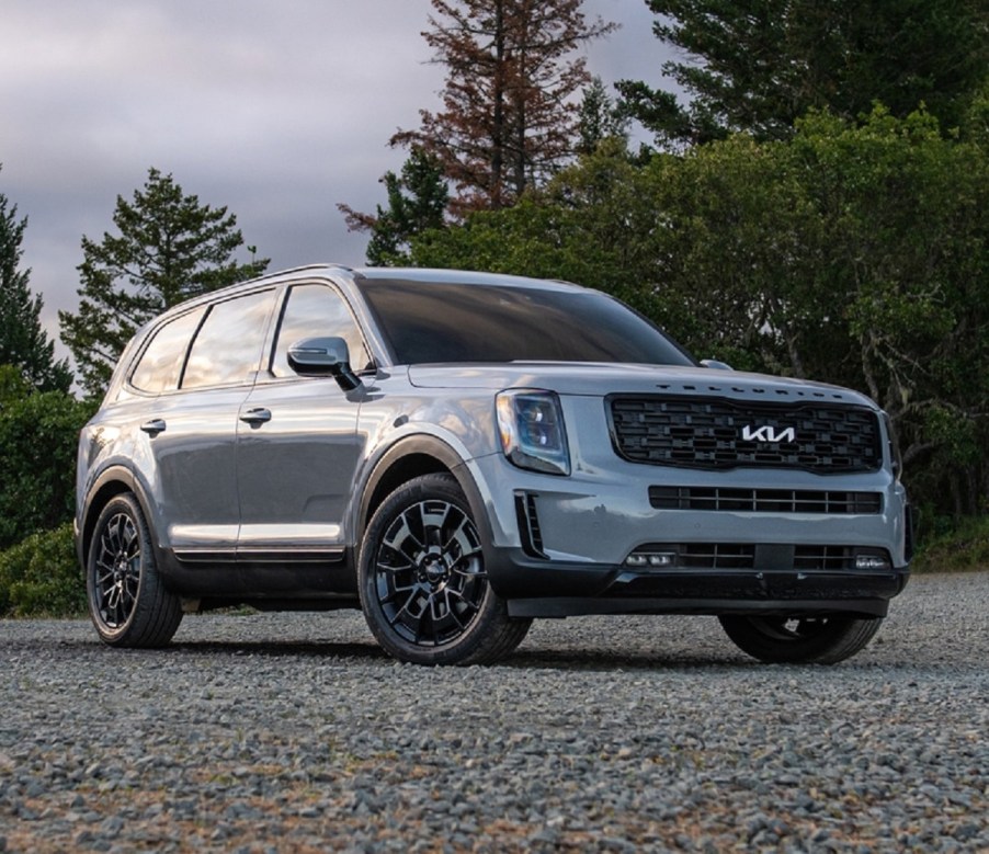 A silver 2022 Kia Telluride parked outside.