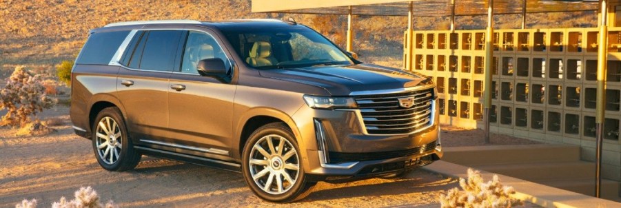 A taupe 2021 Cadillac Escalade at sunset.