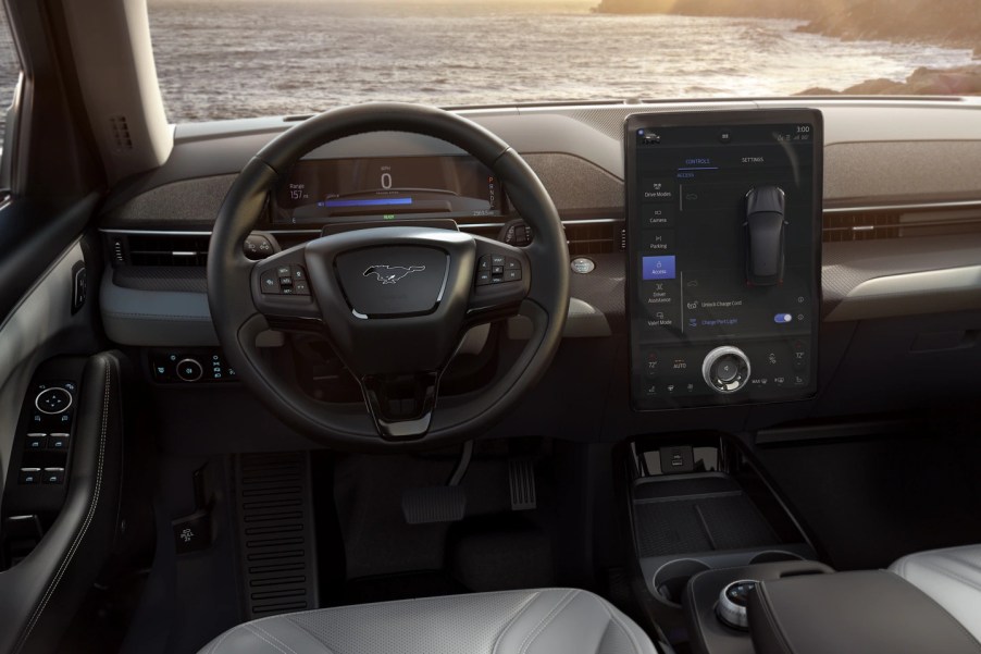 A Ford Mustang Mach-E interior display using Ford Sync 4 infotainment technology.