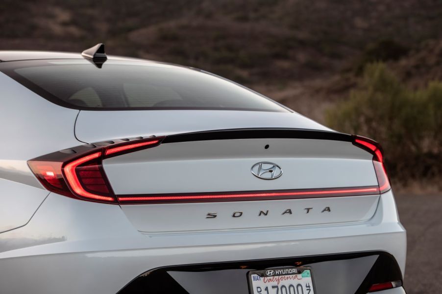 Close-up of the closed trunk of a white 2021 Hyundai Sonata midsize sedan